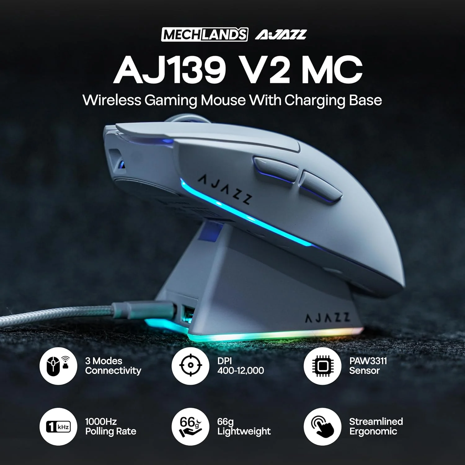 MechLands AJAZZ AJ139 V2 MC Gaming Mouse with Charging Base, Adjustable 12,000 DPI, PAW3311 Sensor, 3 Modes Wireless Mouse, 500mAh Battery, 1000 Polling Rate, 66g Lightweight, Win/Mac - Image 3