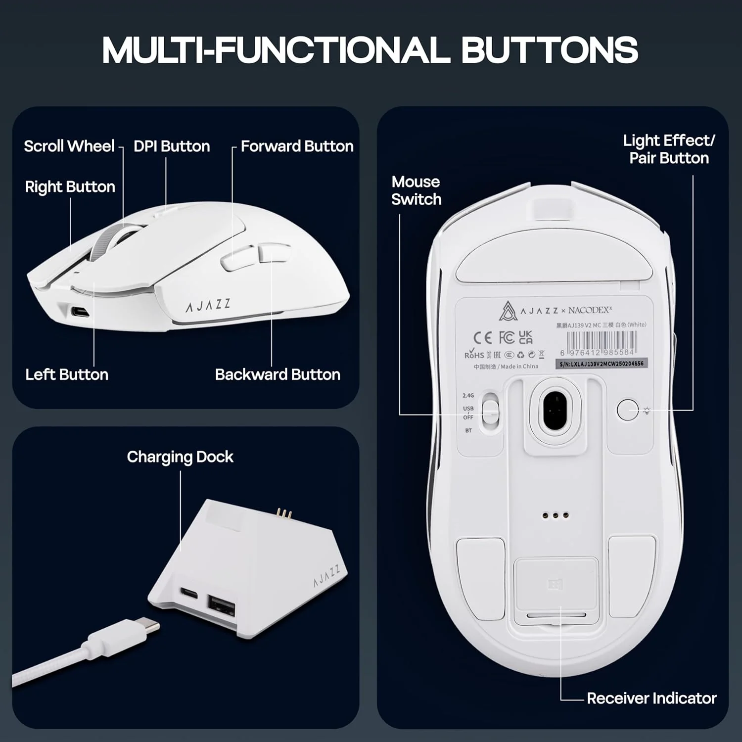 MechLands AJAZZ AJ139 V2 MC Gaming Mouse with Charging Base, Adjustable 12,000 DPI, PAW3311 Sensor, 3 Modes Wireless Mouse, 500mAh Battery, 1000 Polling Rate, 66g Lightweight, Win/Mac - Image 7