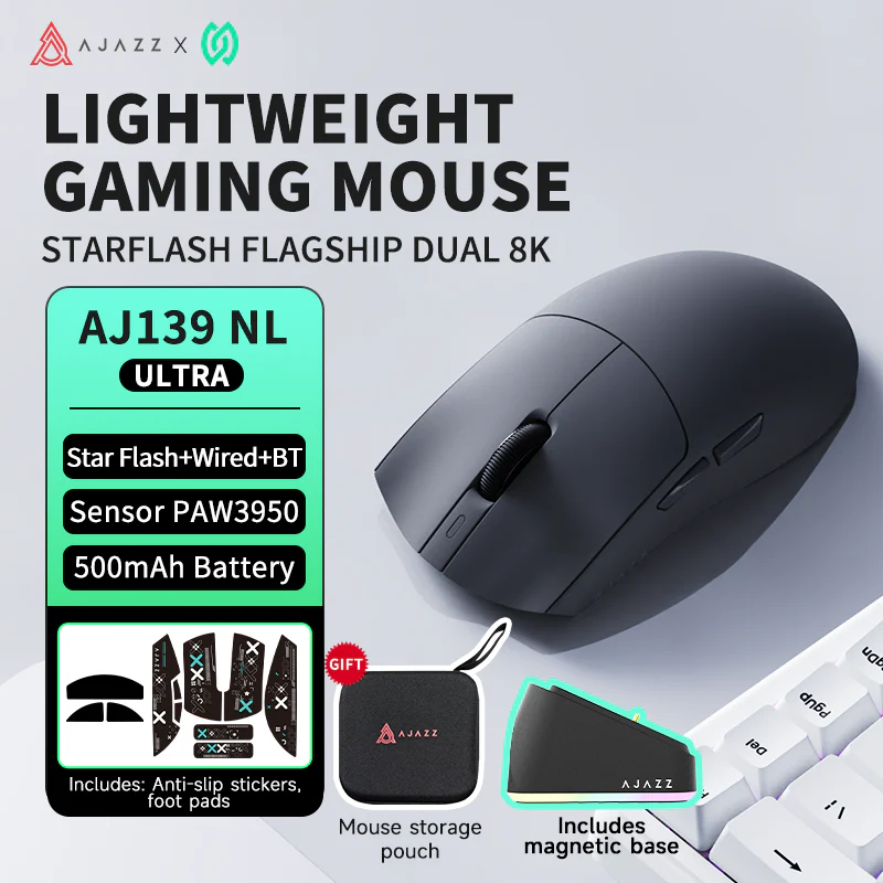 AJAZZ AJ139P NL V3 Ultra Magnetic base gaming mouse Star Flash+Wired+BT Sensor PAW3950 500mAh Battery - Image 3
