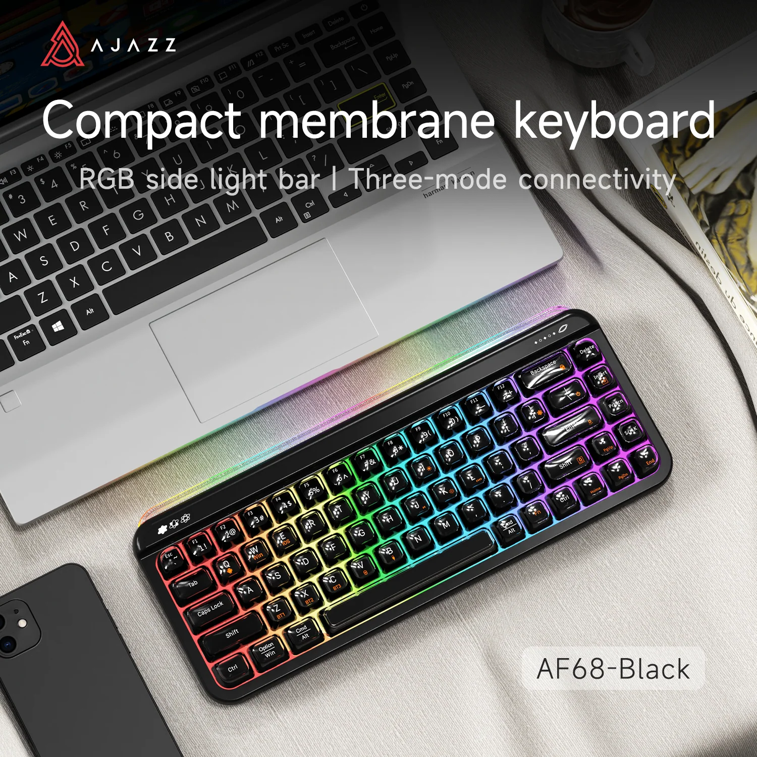 AJAZZ AF68 Tri-mode membrane keyboard 4000mAh Semi-transparent two-tone keycaps RGB side light - Image 4