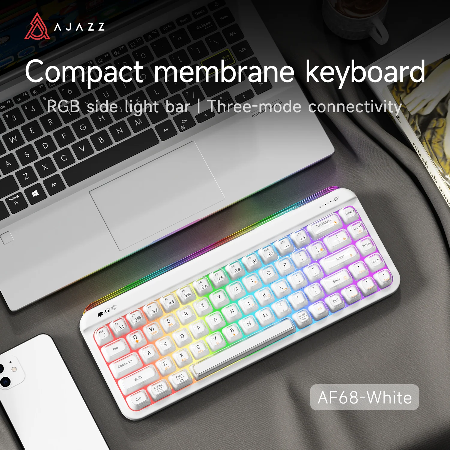 AJAZZ AF68 Tri-mode membrane keyboard 4000mAh Semi-transparent two-tone keycaps RGB side light - Image 5