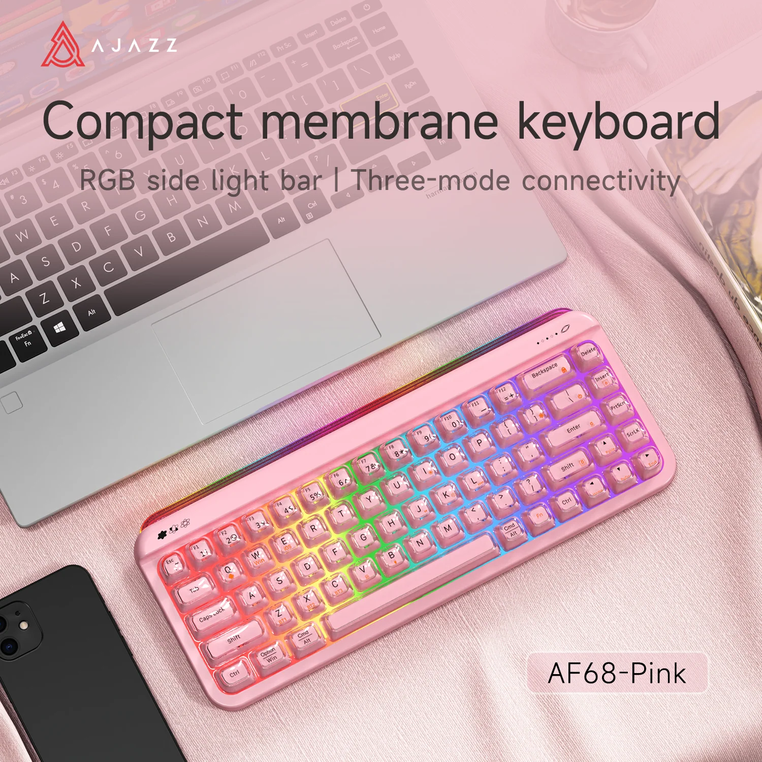 AJAZZ AF68 Tri-mode membrane keyboard 4000mAh Semi-transparent two-tone keycaps RGB side light - Image 6