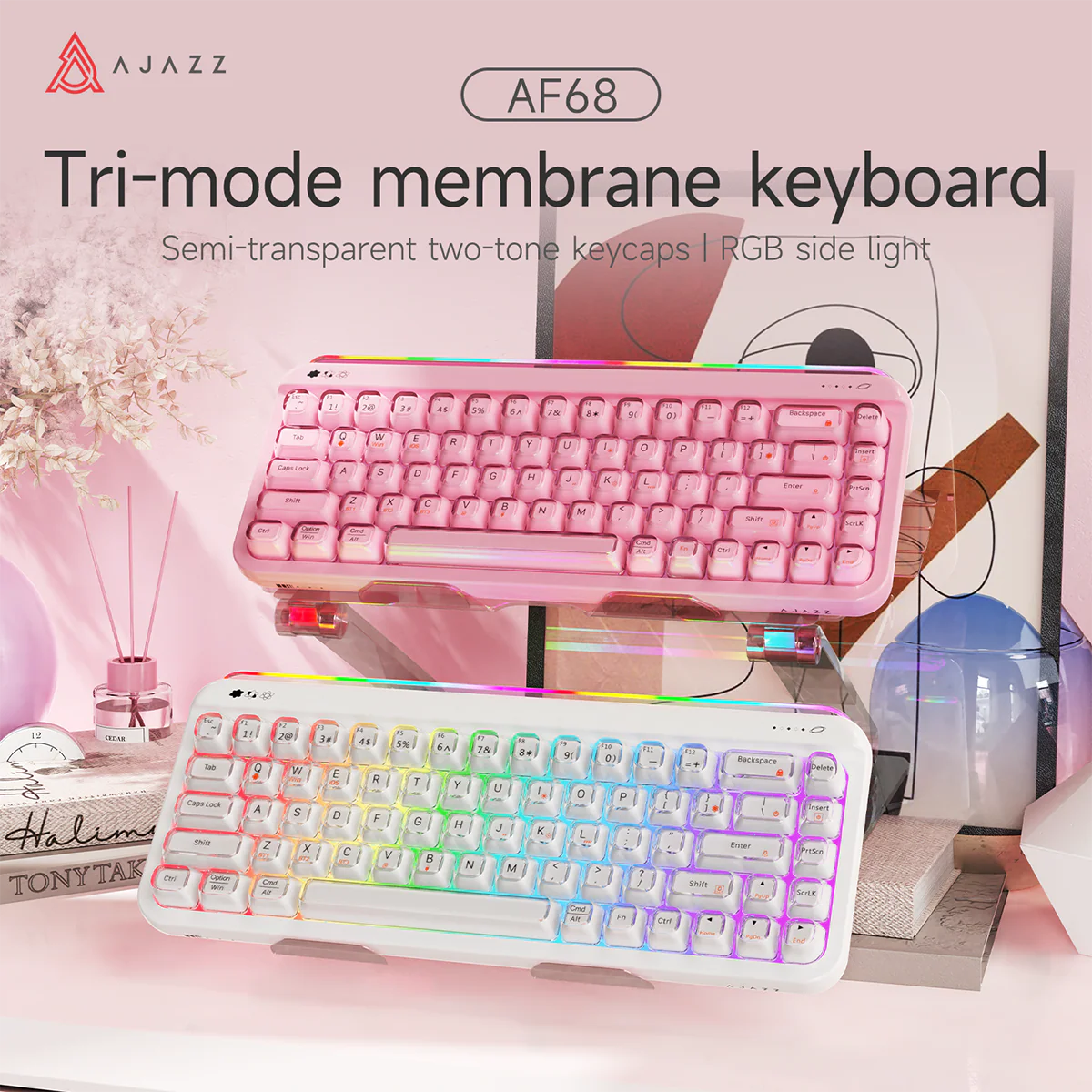 AJAZZ AF68 Tri-mode membrane keyboard 4000mAh Semi-transparent two-tone keycaps RGB side light - Image 7