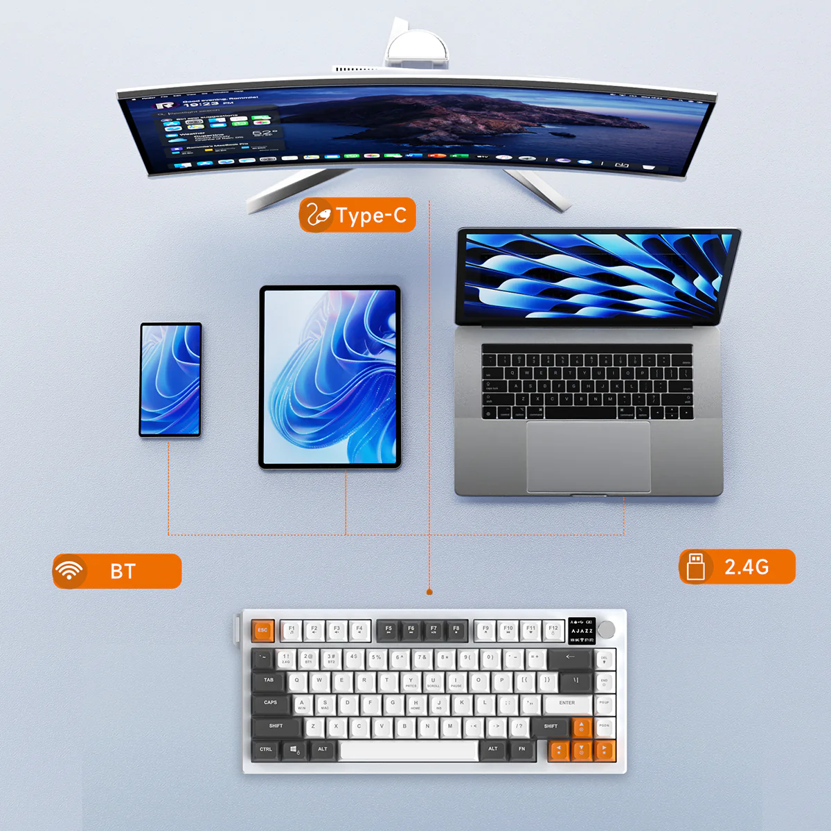 AJAZZ AF82 Gaming keyboard Series Quiet Bluetooth/2.4G Wireless/Wired 75% Layout Multimedia Knob Enjoy Dual Enjoyment for Office and Entertainment - Image 12