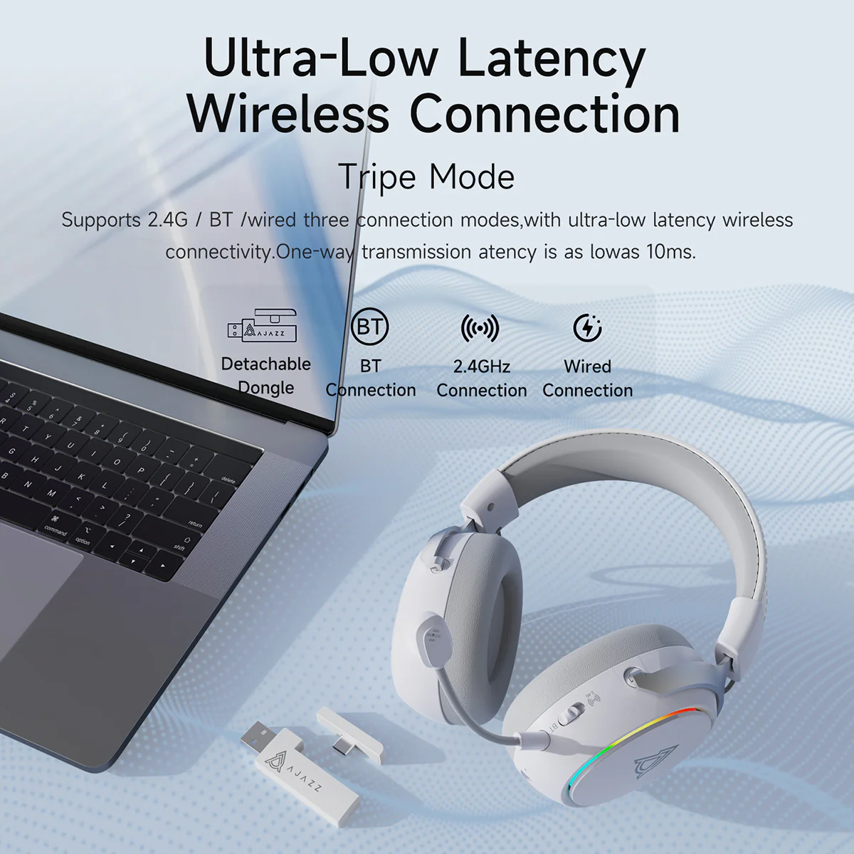 AJAZZ AHM10 MAX Over-Ear Gaming Headset Tri-mode connectivity 143H long-lasting battery life RGB ambient breathing lights - Image 6