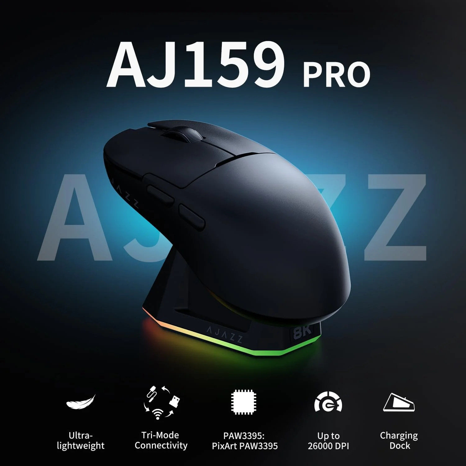 Ajazz AJ159 PRO 8Khz Bluetooth/2.4G/Wired 56G Lightweight Gaming Mouse with Magnetic Charging Dock, PAW3395 Sensor 26KDPI, Huanuo 100 Million Click - Image 4