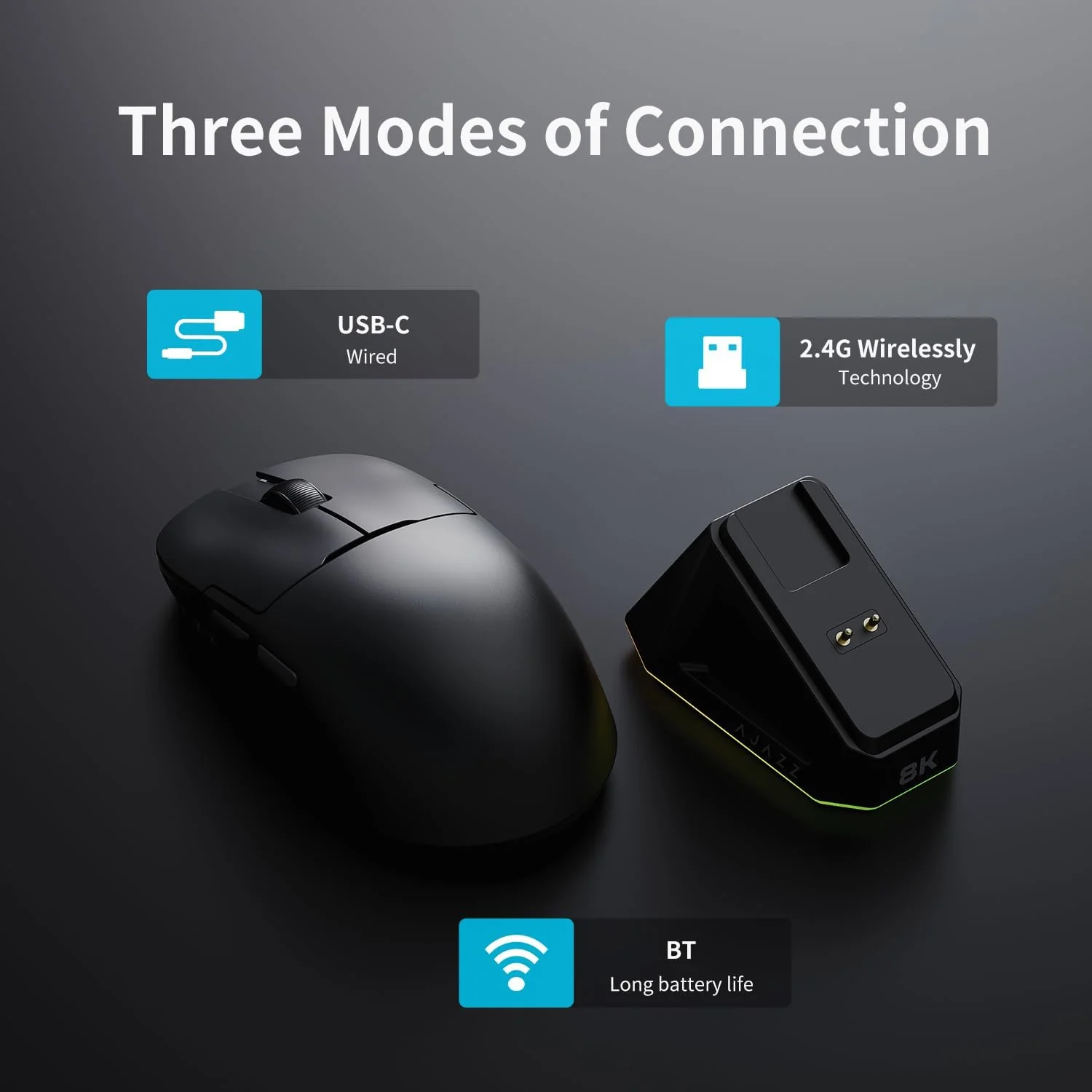 Ajazz AJ159 PRO 8Khz Bluetooth/2.4G/Wired 56G Lightweight Gaming Mouse with Magnetic Charging Dock, PAW3395 Sensor 26KDPI, Huanuo 100 Million Click - Image 5