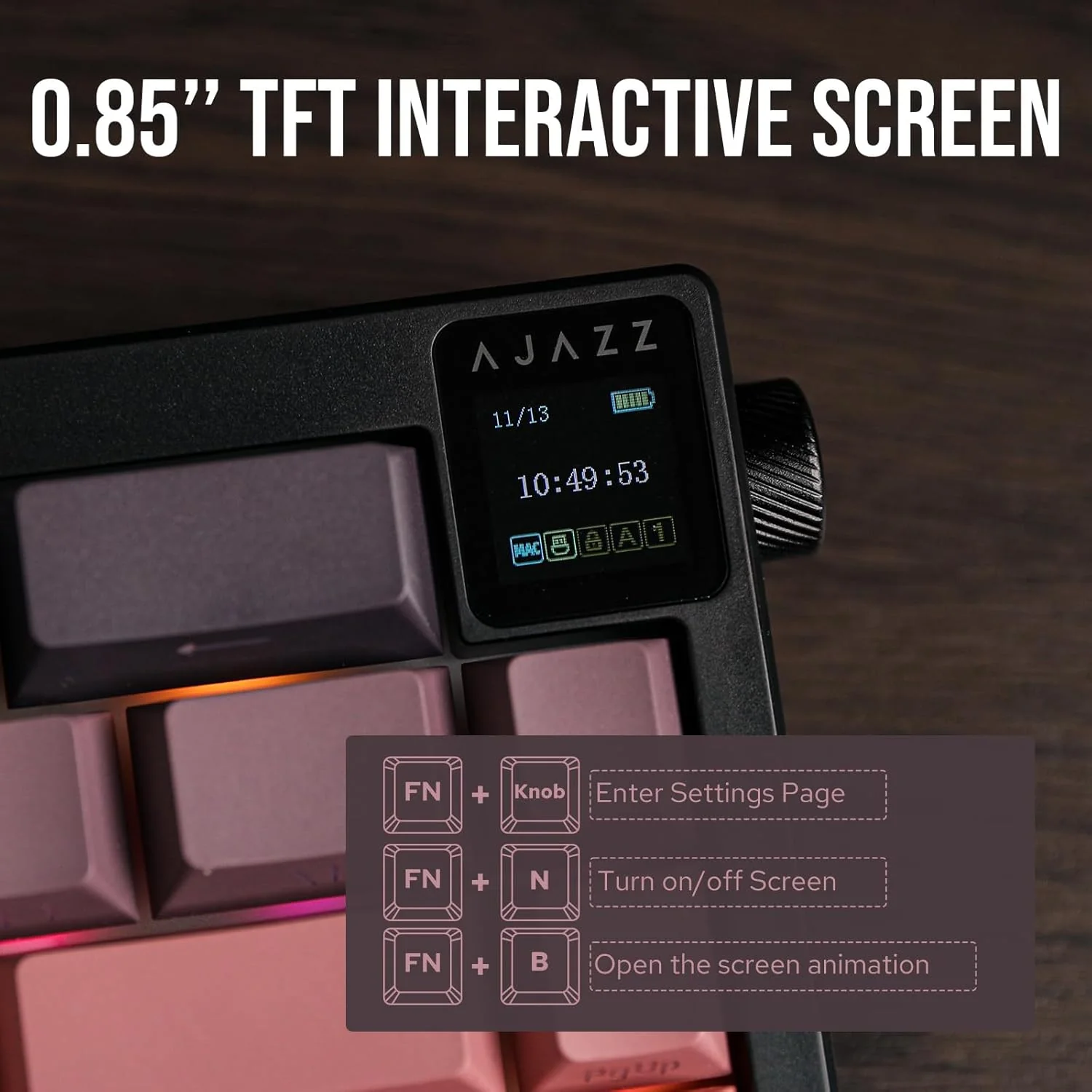 AJAZZ AK650 Mechanical Keyboard 5000mAh Battery Hot-Swap Wired/Bluetooth/2.4Ghz Wireless TFT Color Display Metal Knob Custom GIFs 65% Layout - Image 17