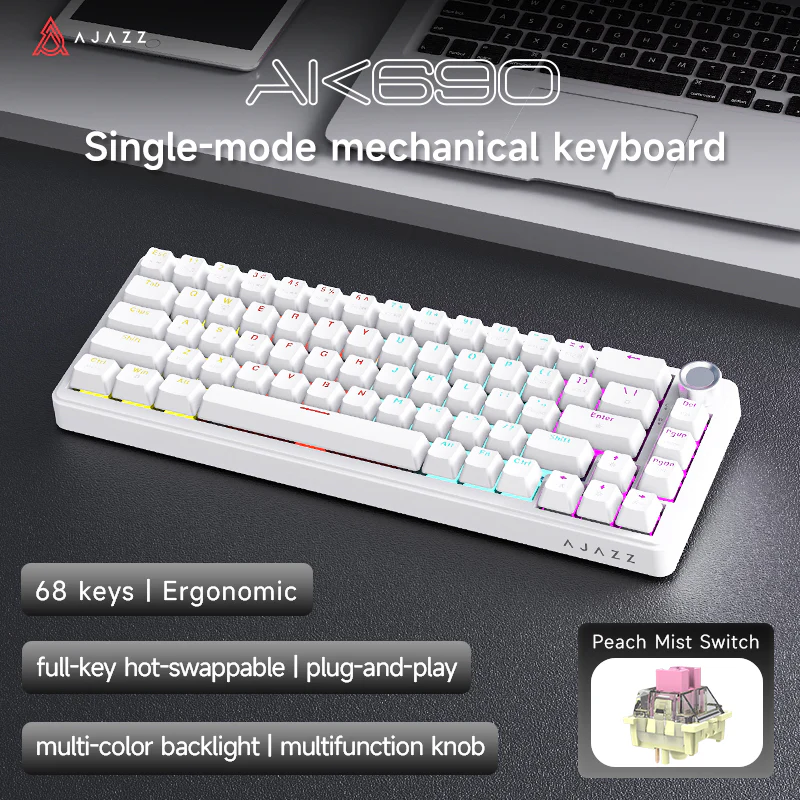 AJAZZ AK690 68-key mechanical keyboard with ergonomic design hot-swappable keys plug and play multi-color backlight multi-function knob. - Image 18