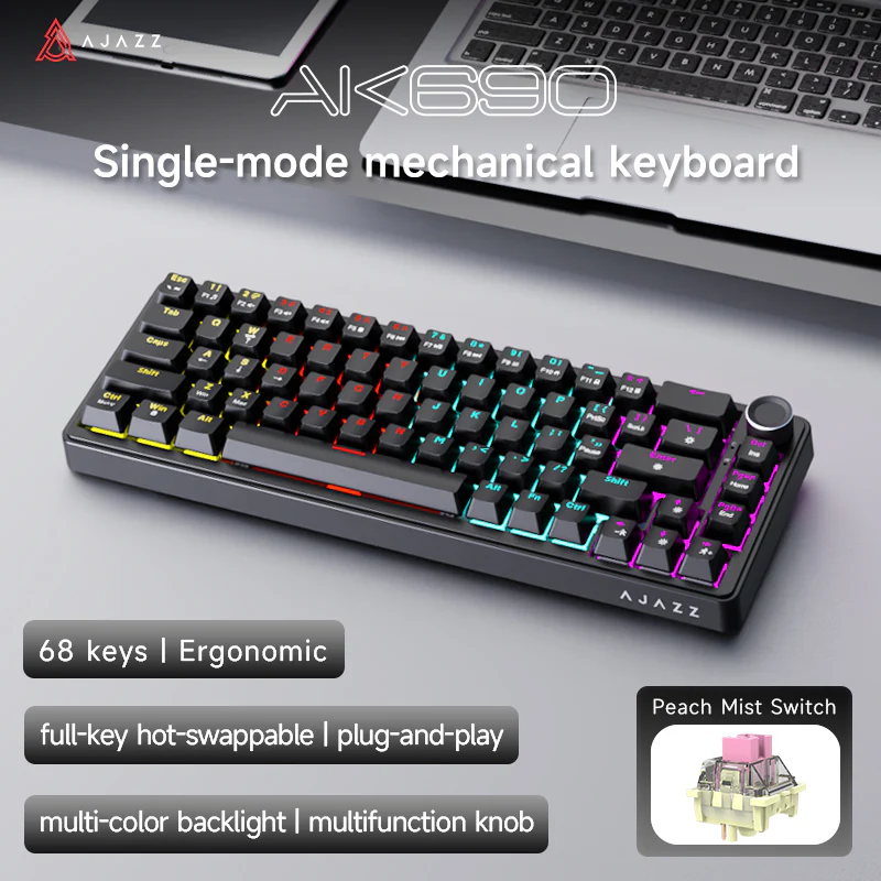 AJAZZ AK690 68-key mechanical keyboard with ergonomic design hot-swappable keys plug and play multi-color backlight multi-function knob. - Image 19