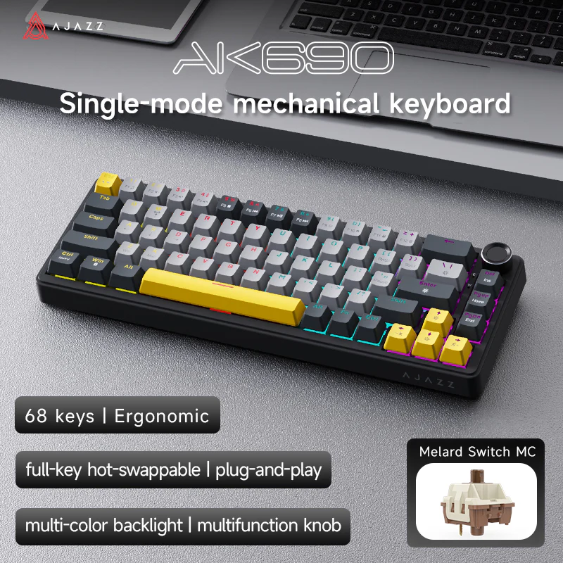 AJAZZ AK690 68-key mechanical keyboard with ergonomic design hot-swappable keys plug and play multi-color backlight multi-function knob. - Image 20
