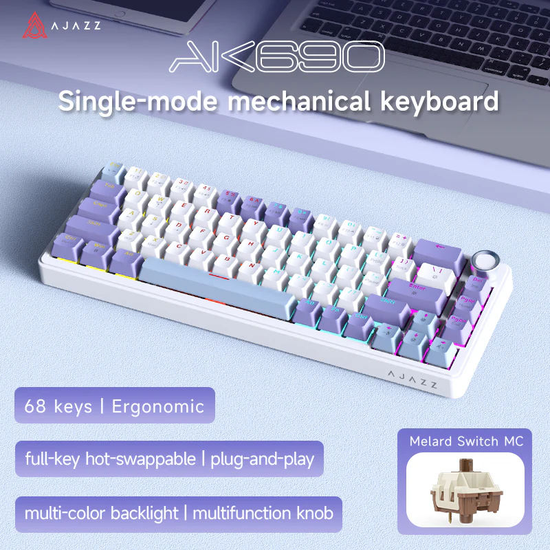 AJAZZ AK690 68-key mechanical keyboard with ergonomic design hot-swappable keys plug and play multi-color backlight multi-function knob. - Image 21