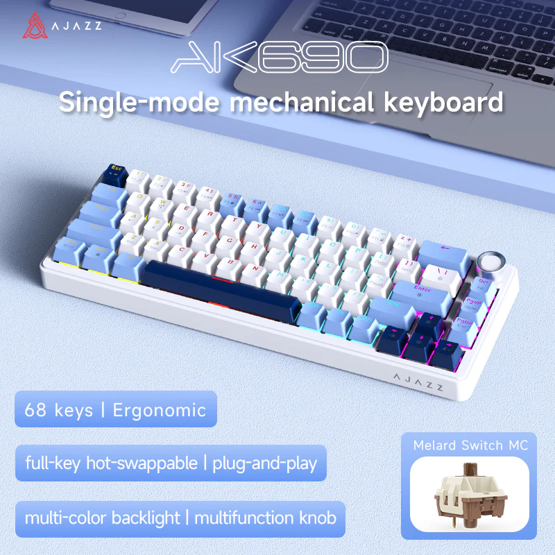 AJAZZ AK690 68-key mechanical keyboard with ergonomic design hot-swappable keys plug and play multi-color backlight multi-function knob. - Image 22