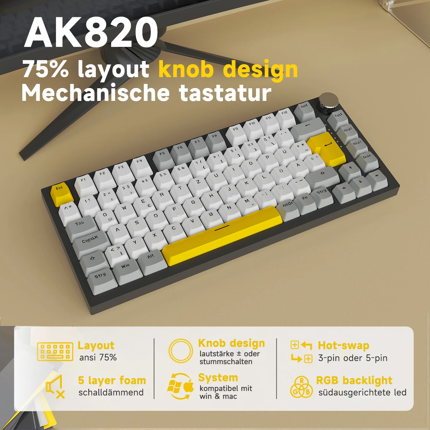 German version AJAZZ AK820 Mechanical Keyboard German keyboard ISO-DE layout QWERTZ Hot-swappable volume rotary button