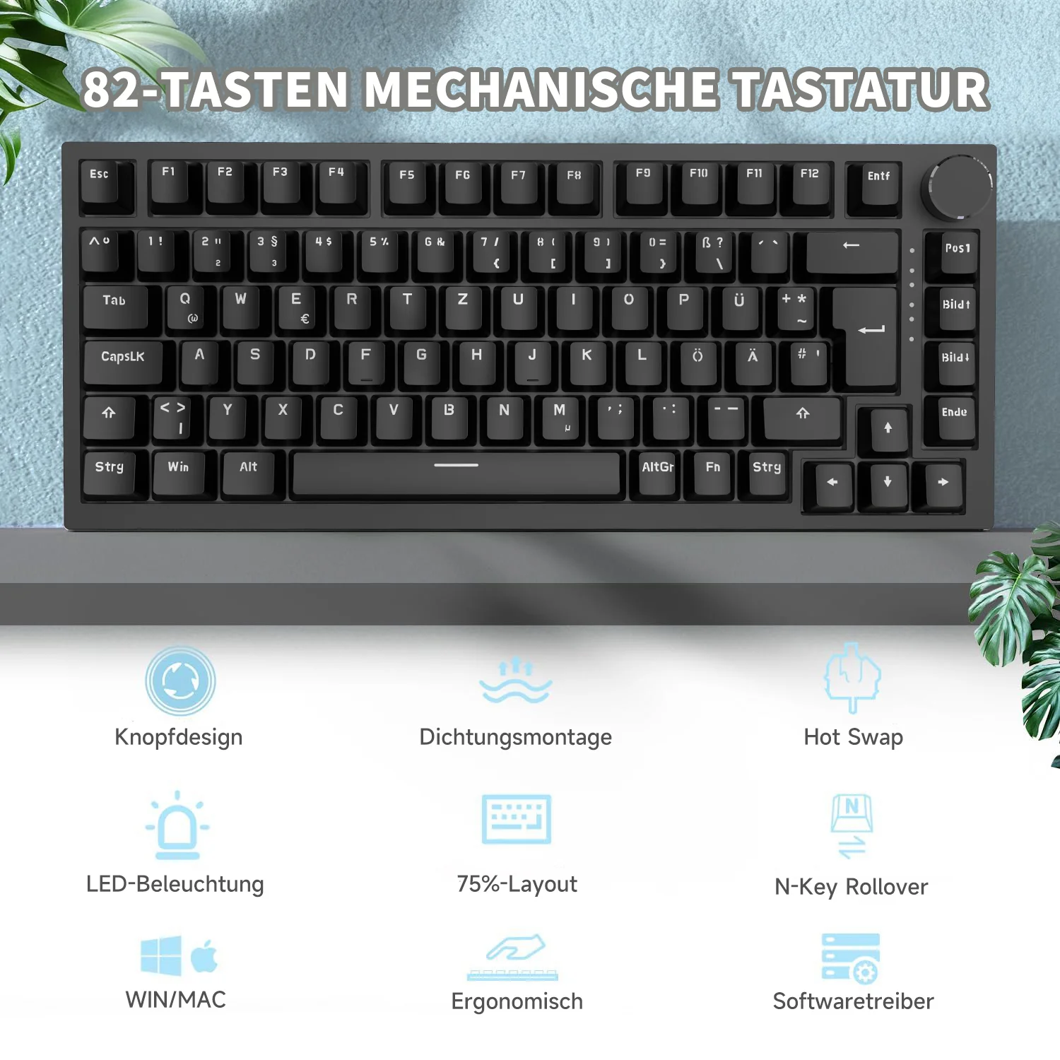 German version AJAZZ AK820 Mechanical Keyboard German keyboard ISO-DE layout QWERTZ Hot-swappable volume rotary button - Image 2