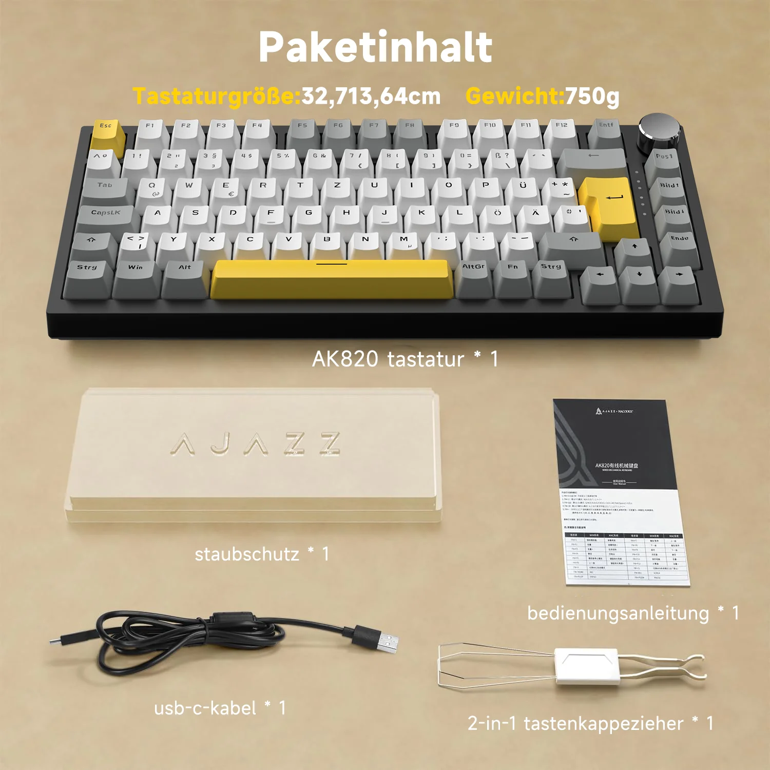 German version AJAZZ AK820 Mechanical Keyboard German keyboard ISO-DE layout QWERTZ Hot-swappable volume rotary button - Image 7