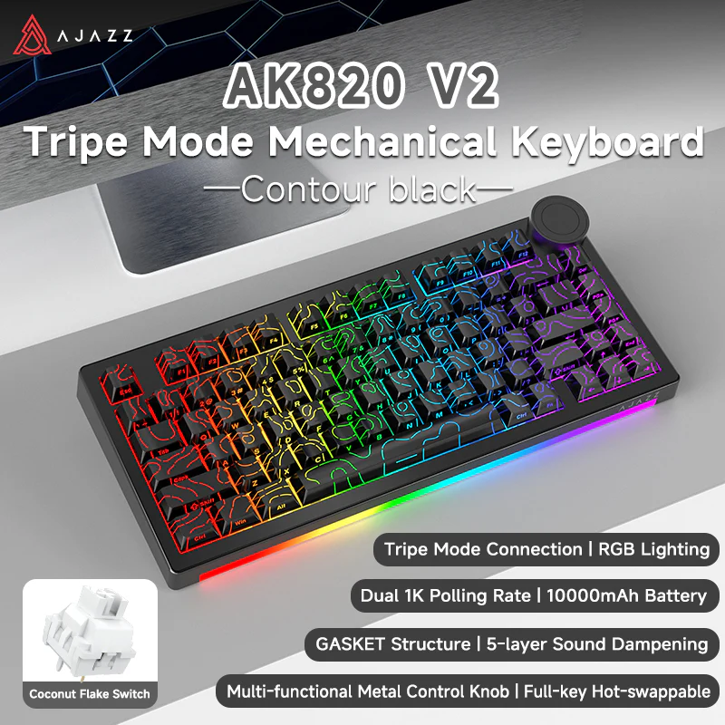AJAZZ AK820 V2/PRO 10000mAh 2.4G/BT/Wired 1k+1K/8k+8K Gaming mechanical keyboard Underglow RGB - Image 72