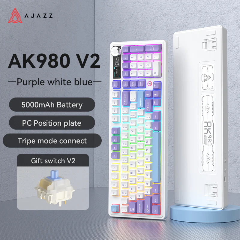 AJAZZ AK980 V2 Gaming Mechanical Keyboard 5000mAh/10000mAh Hot swappable Bluetooth/2.4G Wireless /Wired - Image 23