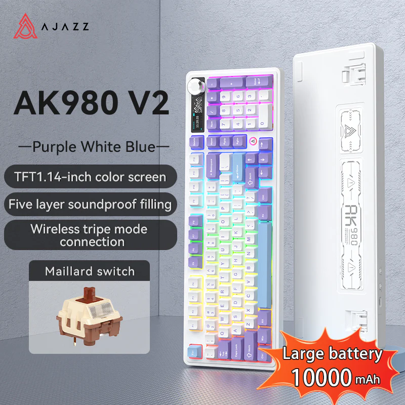 AJAZZ AK980 V2 Gaming Mechanical Keyboard 5000mAh/10000mAh Hot swappable Bluetooth/2.4G Wireless /Wired - Image 34