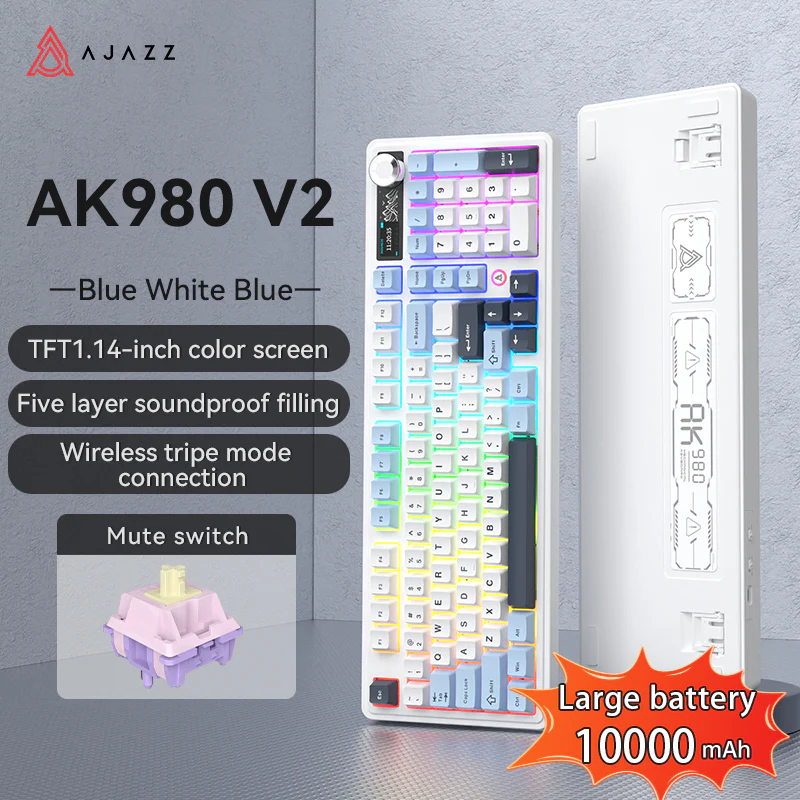 AJAZZ AK980 V2 Gaming Mechanical Keyboard 5000mAh/10000mAh Hot swappable Bluetooth/2.4G Wireless /Wired - Image 39