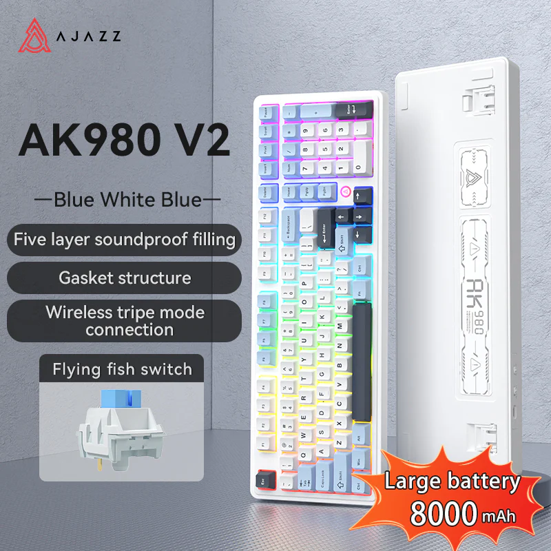 AJAZZ AK980 V2 Gaming Mechanical Keyboard 5000mAh/10000mAh Hot swappable Bluetooth/2.4G Wireless /Wired - Image 40