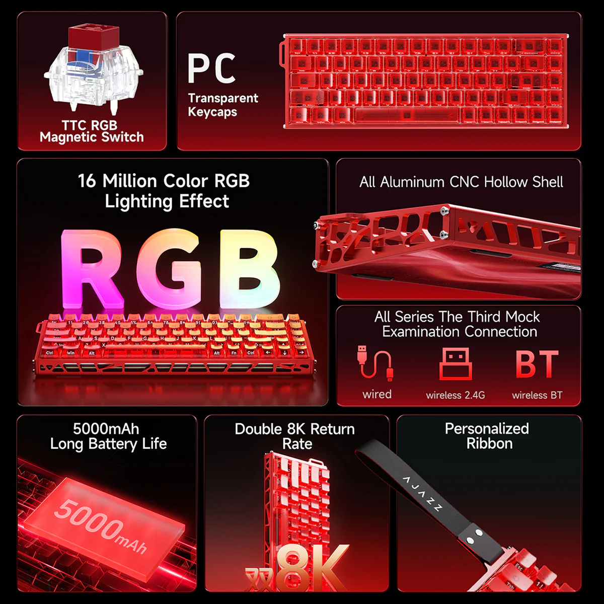 AJAZZ ALUX68 AIR Bingwang Magnetic Switch Dual 8K Mechanical Keyboard 5000mAh Long Battery Life Wired/wireless /2.4G wireless BT 16 Million Color RGBLighting Effect - Image 5