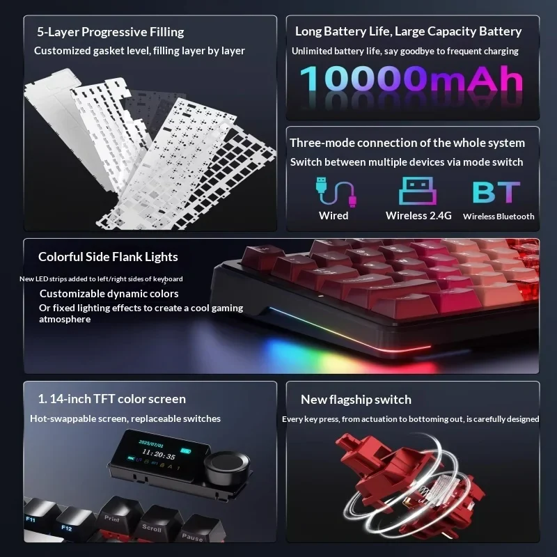 AJAZZ MK87/MK87 PRO 10000mAh long battery Wireless Bluetooth gaming mechanical keyboard life supports RGB lighting full key hot-swapping - Image 7