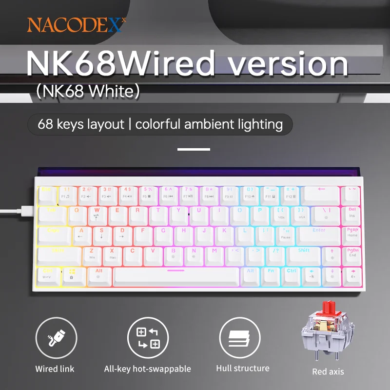 AJAZZ NK68 Small Mechanical Keyboard 68-key layout  Mixed Light Red axis All-key hot-swappableHull structure  Wired Version - Image 13