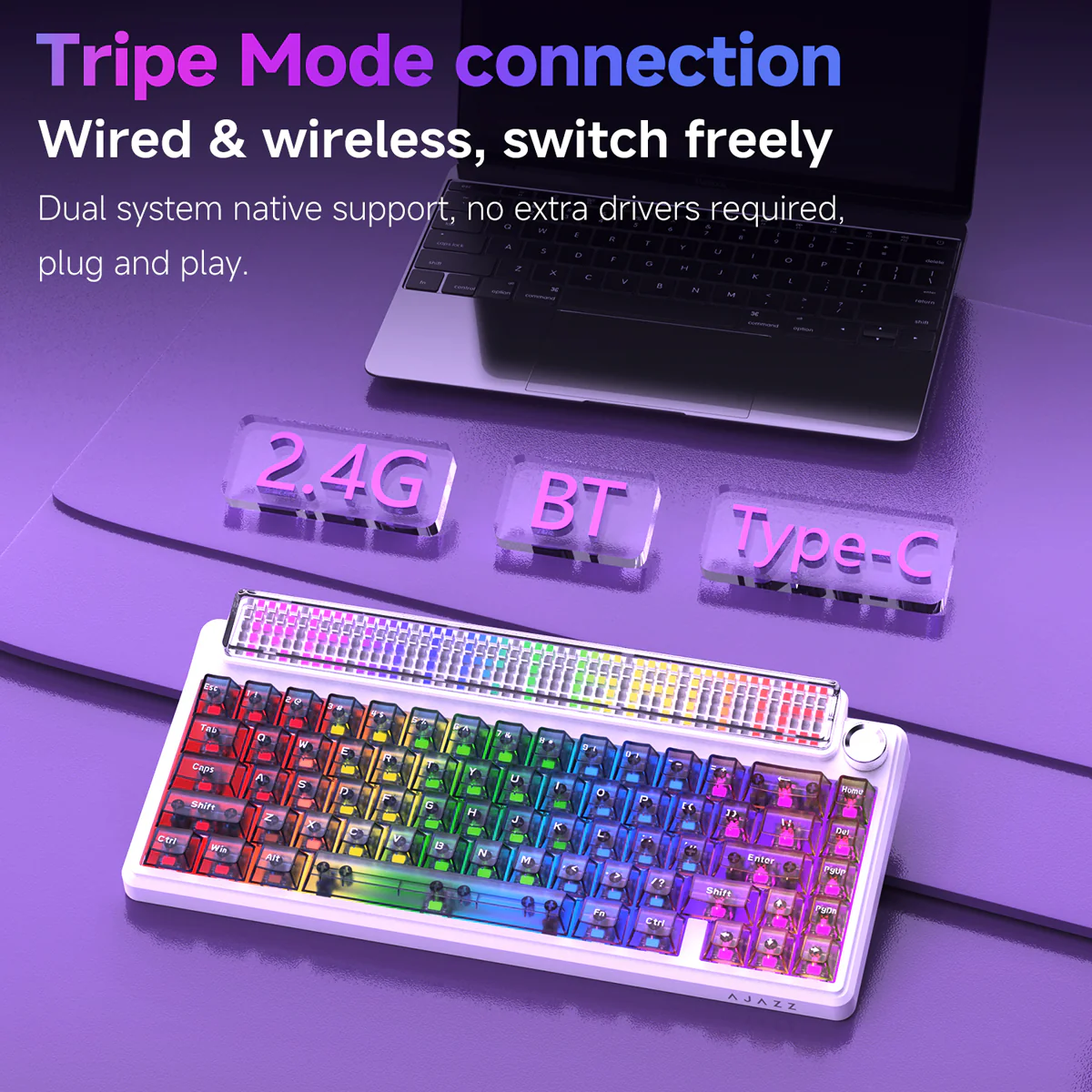 AJAZZ Pixel68 Dot matrix large screen mechanical keyboard | Dual 8K polling rate | Wireless Bluetooth 68-key layout  Hot-swappable design 260 LED smart screen 10000mAh large battery - Image 8