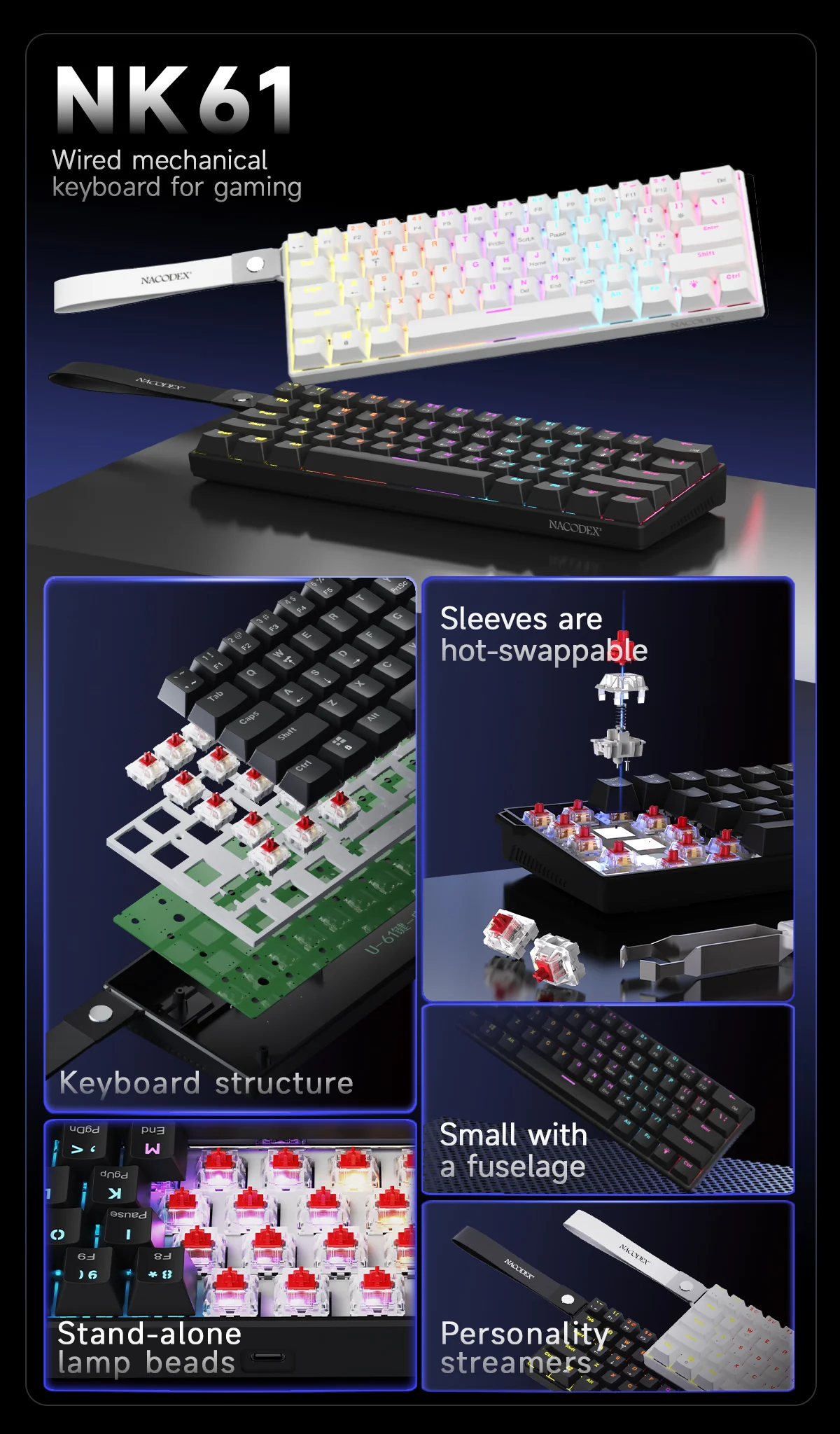 AJAZZ NK61 Mechanical Keyboard Red switches mixed light hot-swappable wired version - Image 11