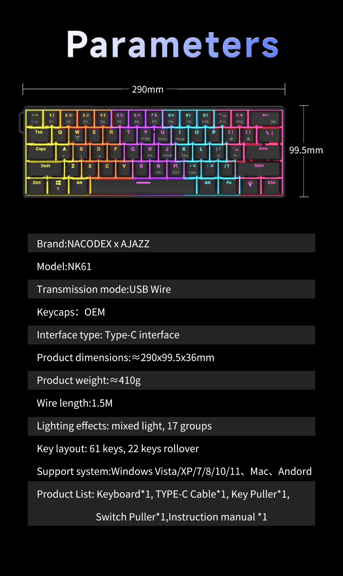 AJAZZ NK61 Mechanical Keyboard Red switches mixed light hot-swappable wired version - Image 20